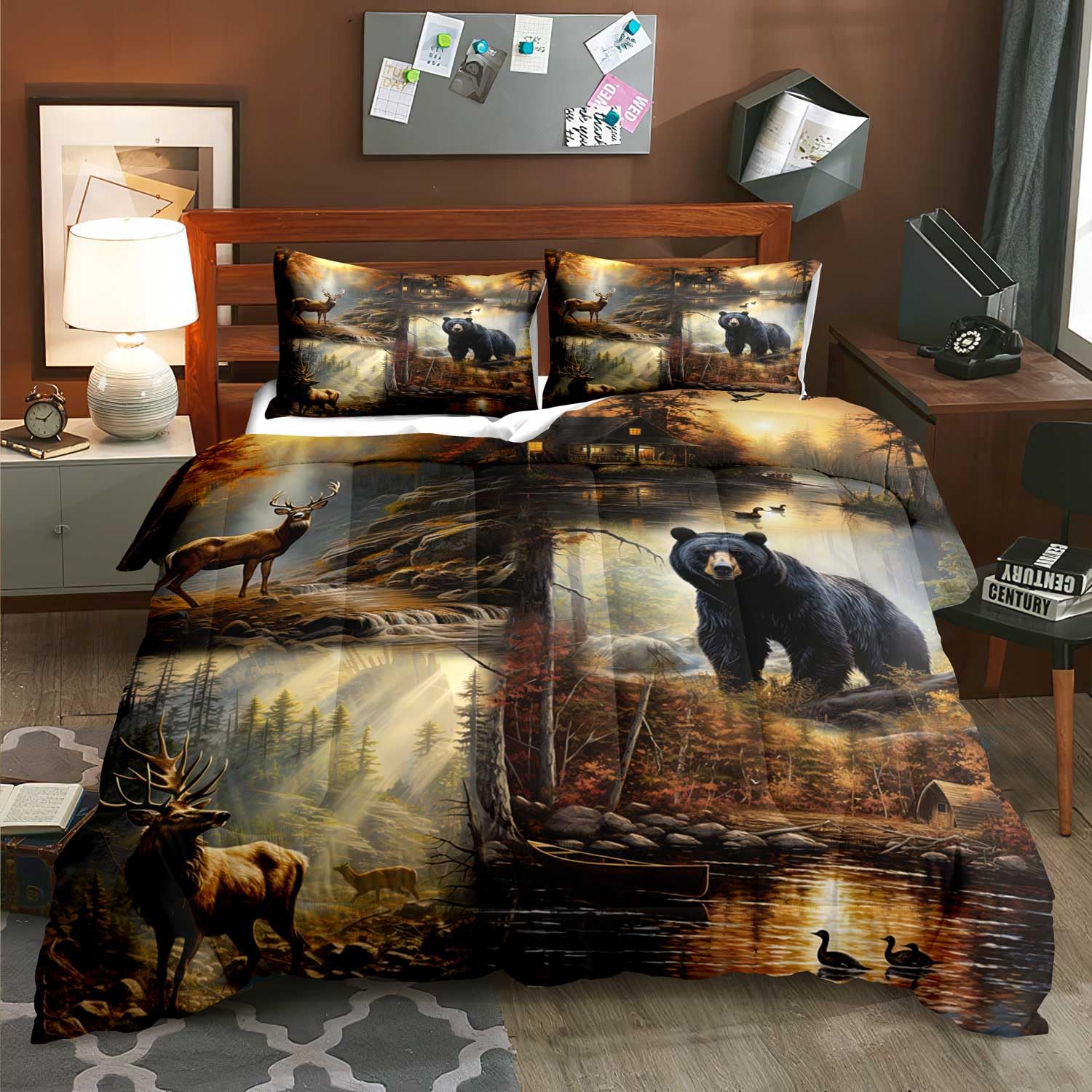 Luvivihome 3Pcs Black Bear Deer Comforter Set Queen Size, Elk Moose Mallard Duck Woodland Forest Animal Wildlife Hunting Camo Hu